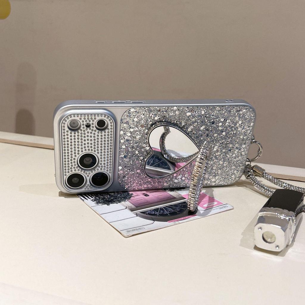 Apple 17 Pro Max High-End Rhinestone Mirror Stand Case for Women - Drop-Proof, Stylish Fit for 16 Pro and 15/14/13 Series.