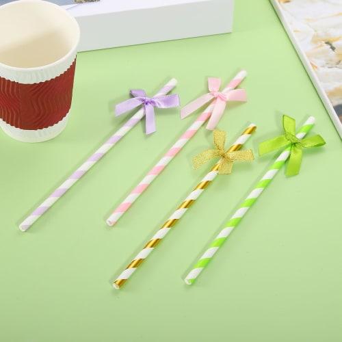 uxcell 60pcs Ribbon Bow Striped Paper Straws, Disposable Straws for Weddings, Birthday Parties, Cake Decorations, Pink