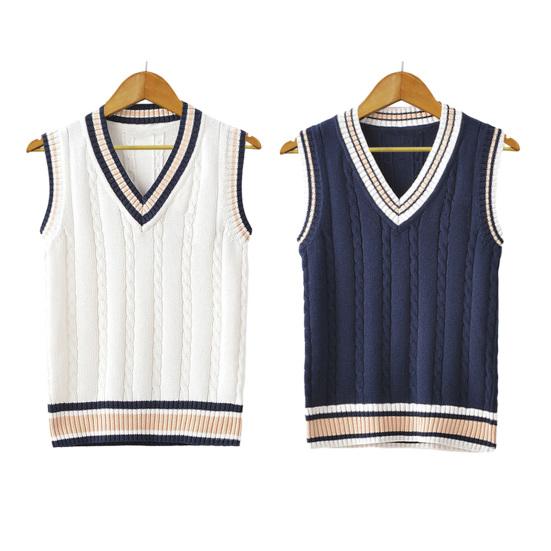 Unisex Sonbahar Kış V Yaka Kazak Yelek Kalınlaşmış Kolsuz Büküm Doku Çizgili Ekleme Kolej Tarzı Örgü Yelek