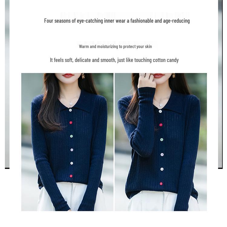 Stylish Women's Polo Collar Knitted Cardigan with Colorful Buttons - Korean Style, Age-Reducing Design.