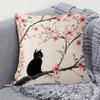 1pc Super Soft Short Plush Throw Pillow Cover, Double-Sided Watercolor Black Cat On Cherry Blossom Branch Design, Zipper Closure, Contemporary Style,