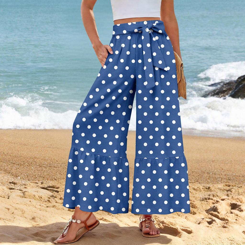 Damen Freizeithose mit weitem Bein, Stretch, Hoher Bund, Gerüschter Saum, Weite Beine, Mit Gürtel und Taschen