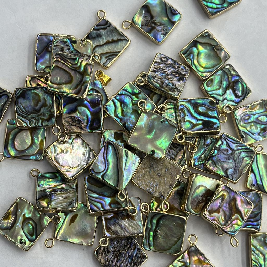 1Pc, Natural Abalone Shell Square Pendant Golden Trim Iridescent Charm for DIY Boho Jewelry Making Necklace & Earrings, 14mm Crafts Gifts