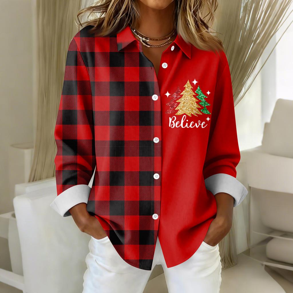 Women's Shirt Blouse Christmas Print Button Long Sleeve Casual Basic Shirt Collar Regular Top
