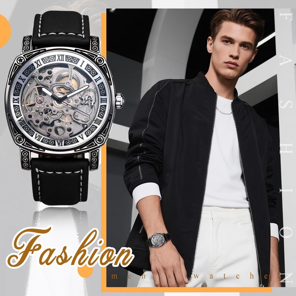 Men's Automatic Skeleton Watch with Genuine Leather Strap: Roman Numerals, Analog Display, 3ATM Water Resistance, Stylish Accessory for Leisure and