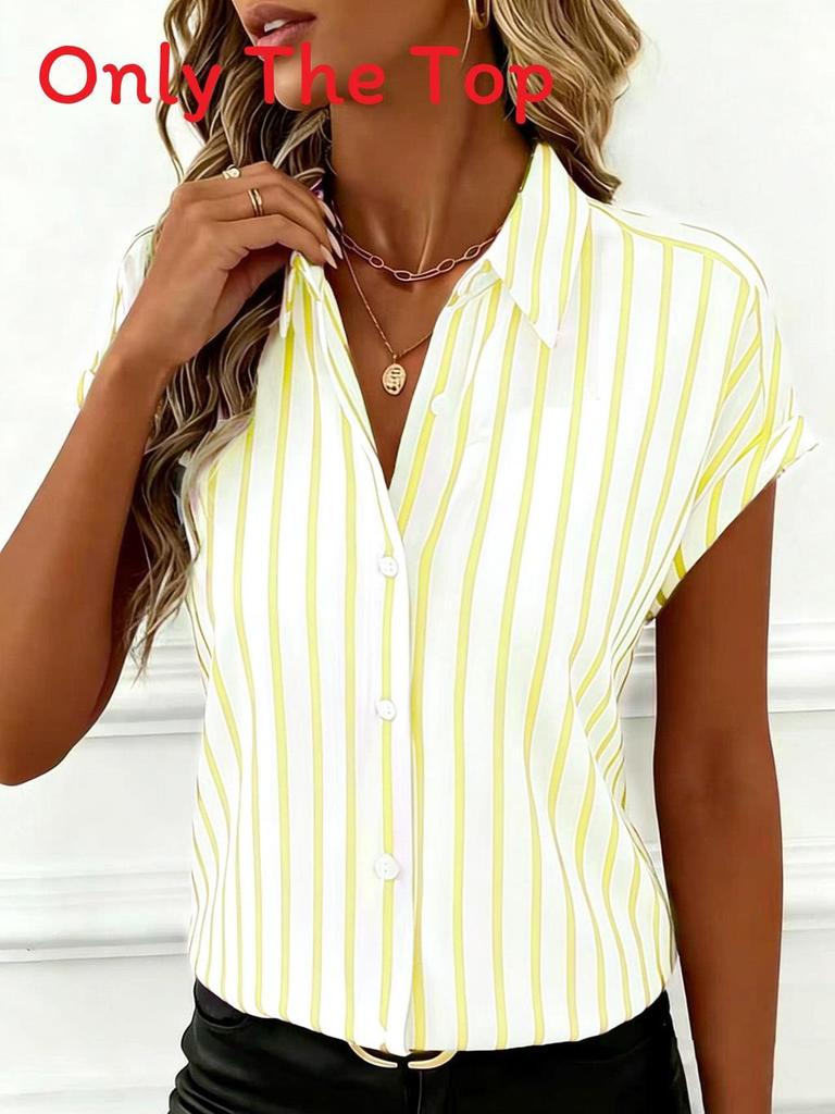 Striped Blouse For Women With Polyester Fabric Short Sleeve Office Style For Spring 2026