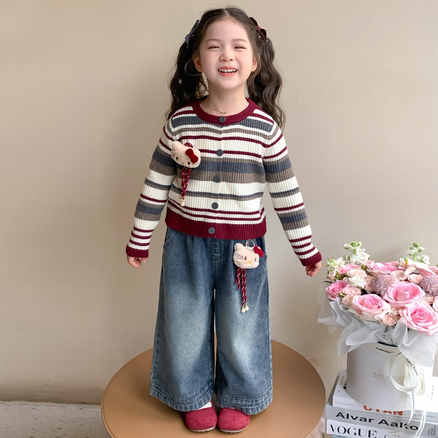 

Autumn 2025 Striped Cartoon Coat & Knitted Sweater Set for Girls 110 cm