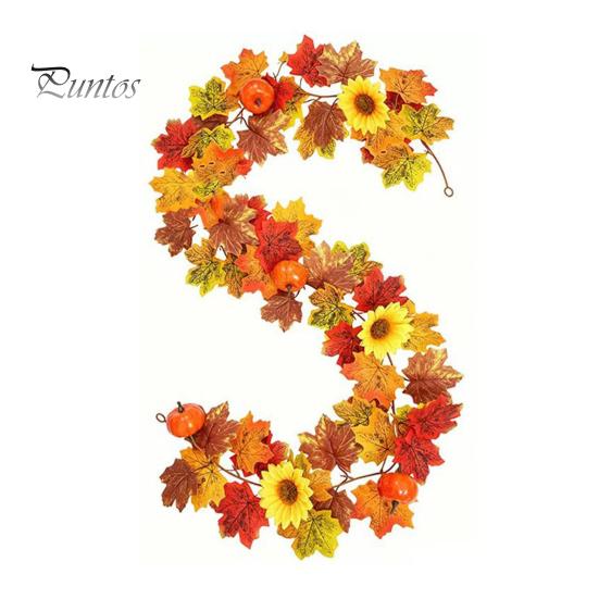 Holiday Gifts for Family Artificial Fall Maple Leaf Wreath, Autumn Vine with Pine Cones Pumpkins, Reusable Realistic Orange Red Leaves Hanging