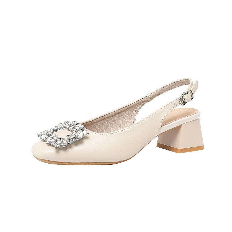 Baotou rhinestone sandals women's medium heel high heel with soft leather large size shoes