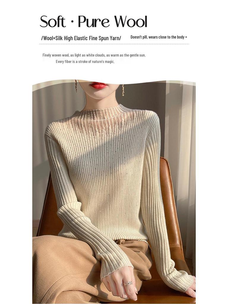Women's Slim-Fit Wool Sweater with Rhinestone Design, Solid Color Base Layer
