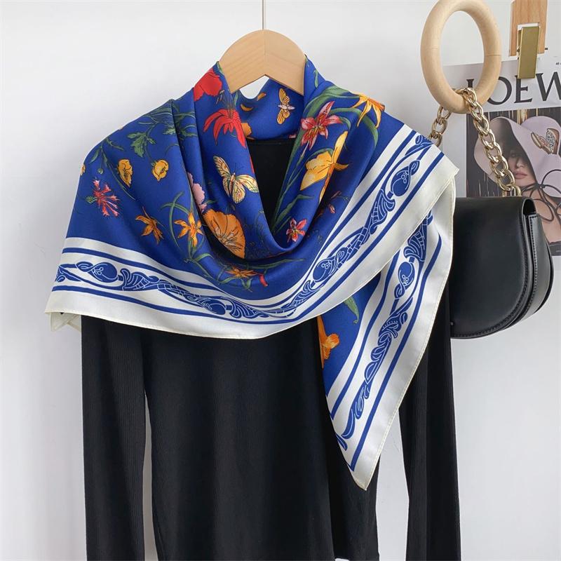 Spain Fashion Garden Floral Square Silk Scarf Women High Quality Print Satin Shawls and Wraps Bufandas Muslim Hijab 90*90Cm