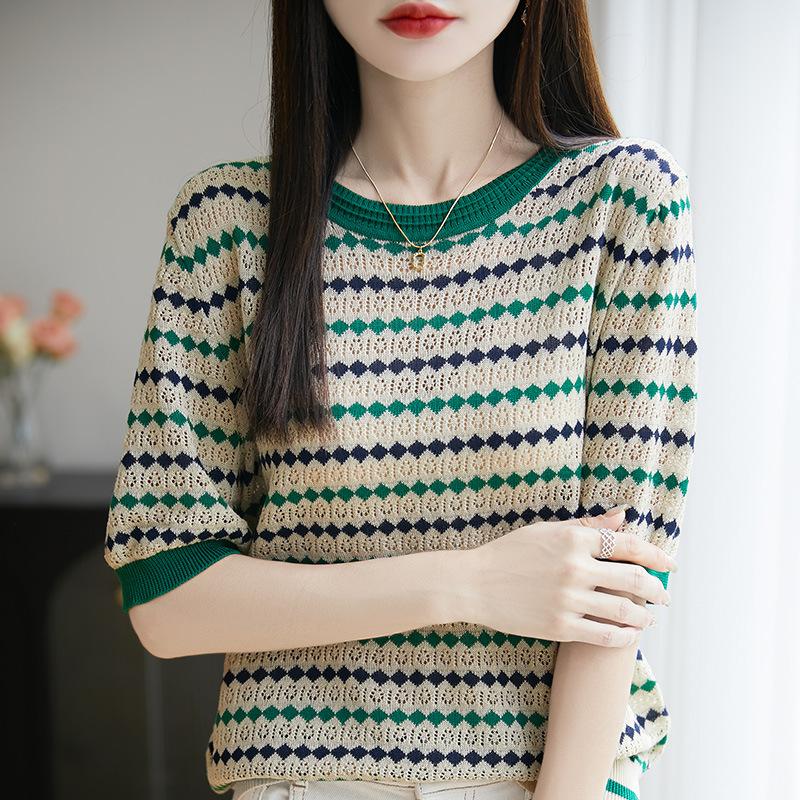 

Летняя новая полосатая женская футболка-майка с коротким рукавом и круглым вырезом, свободная и универсальная, вязаный свитер-топ, повседневный пуловер L зелёный