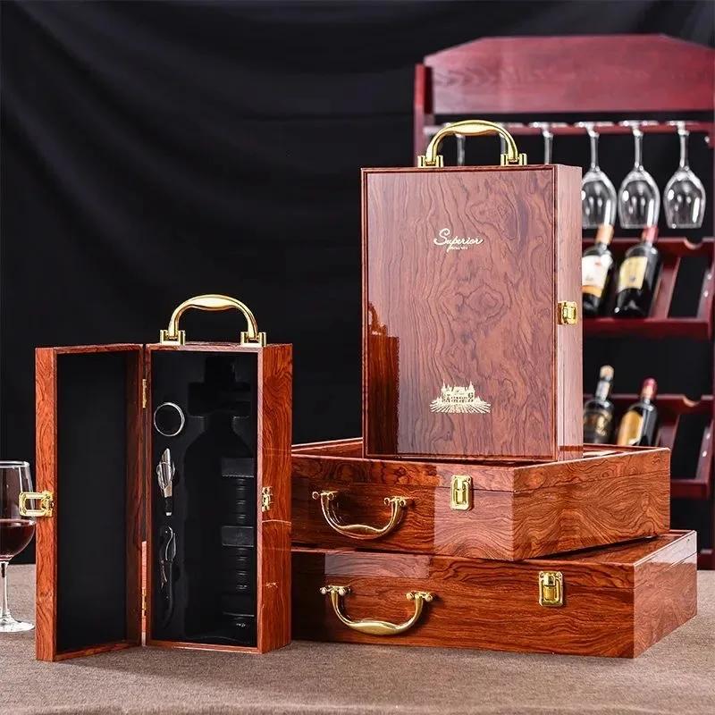 Luxury Double Leather Box Wine Bottle Wooden Organizer Wood Holder for Red Champagne with Cocktail Set