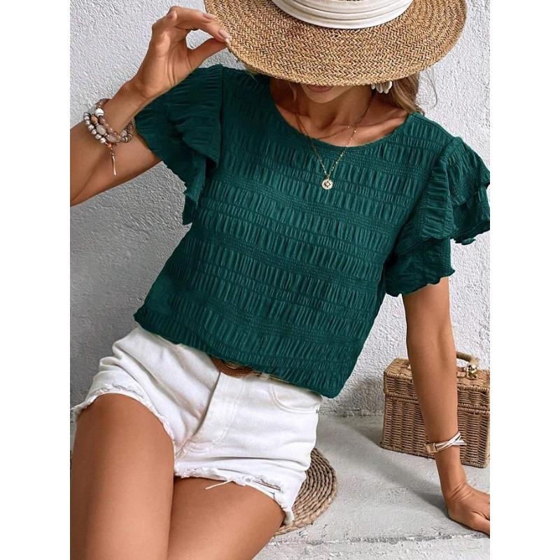 Women's Textured Ruffle Short Sleeve Blouse Summer Crew Neck Tops Dressy Casual Loose Fit Tee Shirts Beach Clothes