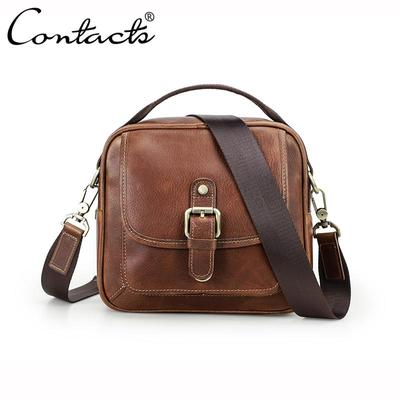 CONTACT'S Genuine Leather Men Small Messenger Bag Male Vintage Shoulder Bags Brown Handbag Luxury Flap Travel Crossbody Bags