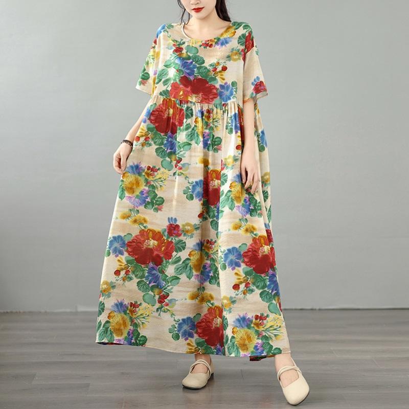 Kurzarm Plus Size Baumwolle Vintage Blumenmuster Neu in Kleidern für Damen lässig locker langes Sommerkleid