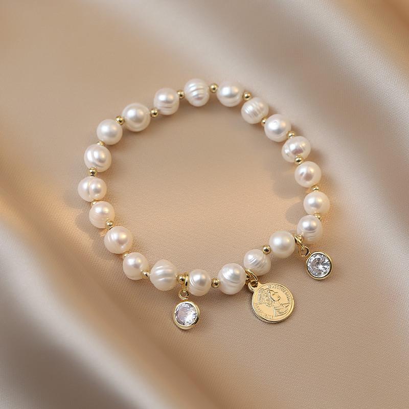 Korean Style Adjustable Freshwater Pearl & Zircon Beaded Coin Bracelet