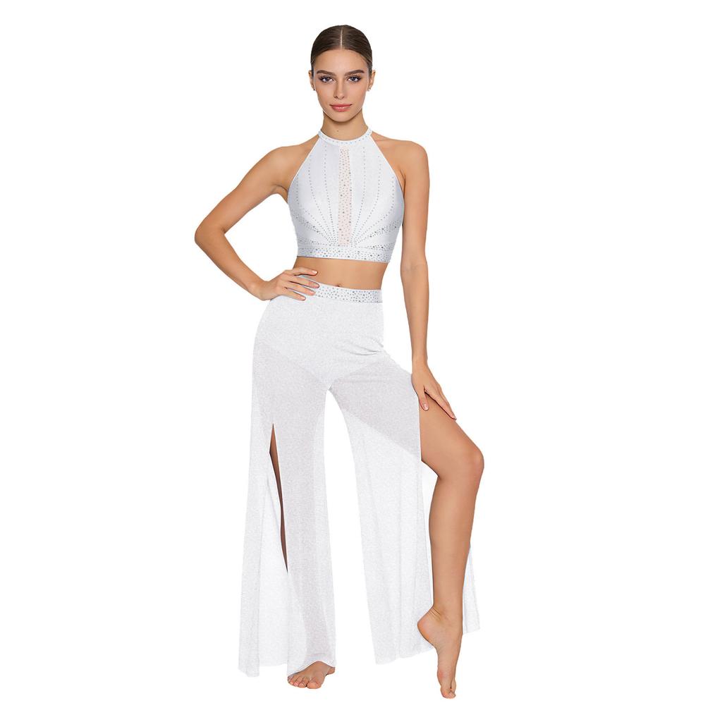 Womens Lyrical Dance Performance Outfit Sequin Hollow-out Tank Crop Top+Built-in Briefs Mesh Pants Modern Contemporary Dancewear
