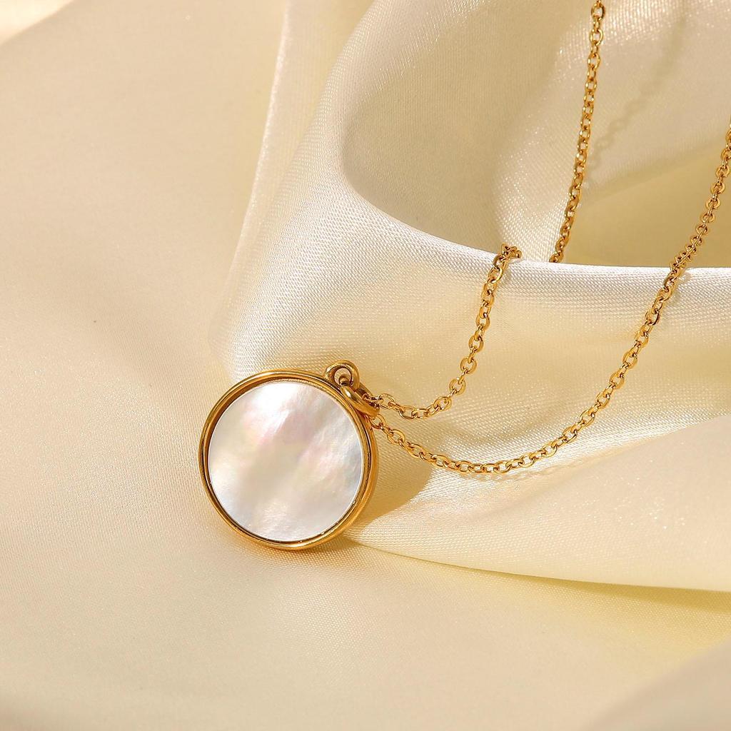 18K Gold Titanium Steel Women's Necklace with French White Mother-of-Pearl Star, Moon, and Round Pendant.