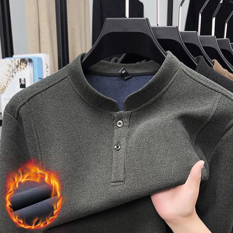 Men's Solid Color Fleece-Lined Sweatshirt, 2025 Autumn/Winter Collection - Thick, Double-Sided German Fleece, Round Neck, Casual Warm Base Layer