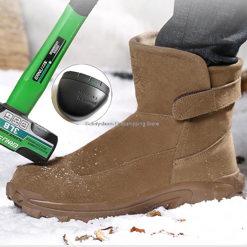 Fashion Wam Plush Snow Boots With Steel Toe Shoes for Man Work Safety Boots Suede Anti-spark Men Safety Shoes Puncture Proof Work Boots
