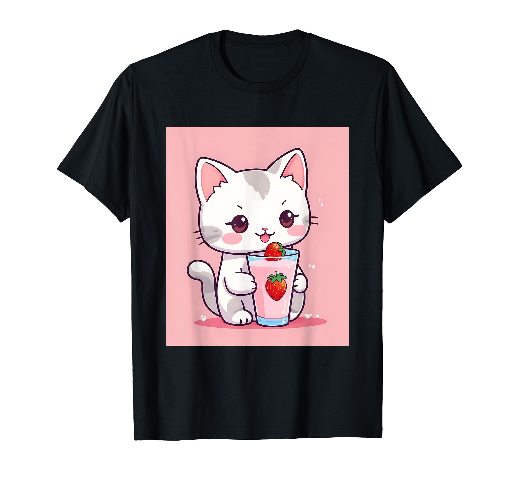 

strawberry things printed Kawaii, cat, milk, cute, Japanese, T-shirt чорний