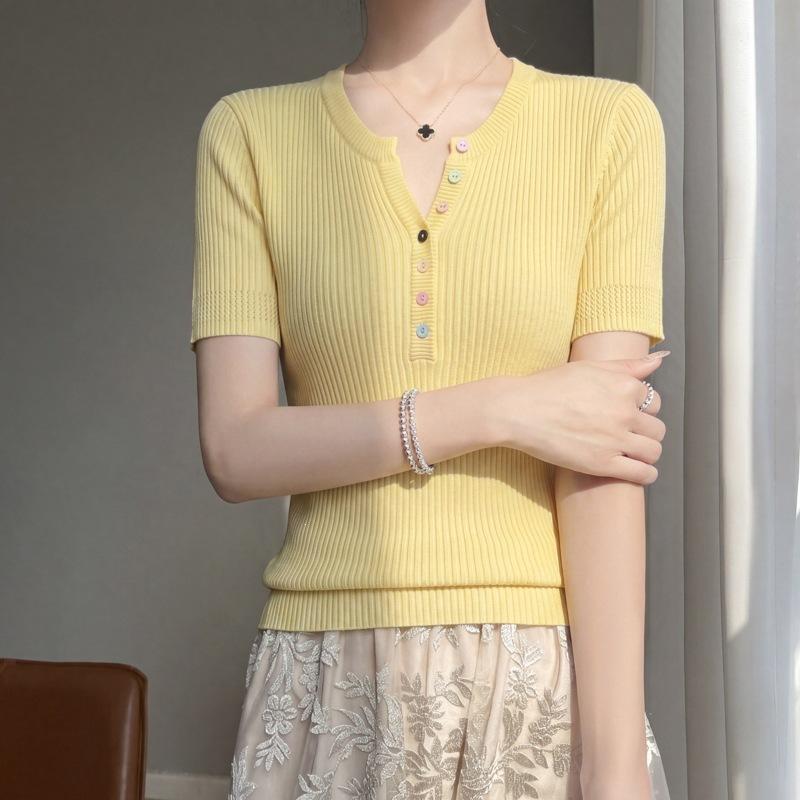 Women Summer Solid Ribbed Knit T‑Shirt V‑Neck Colorful Button Short Sleeve Slim Fit Linen Blending Base Layer Top