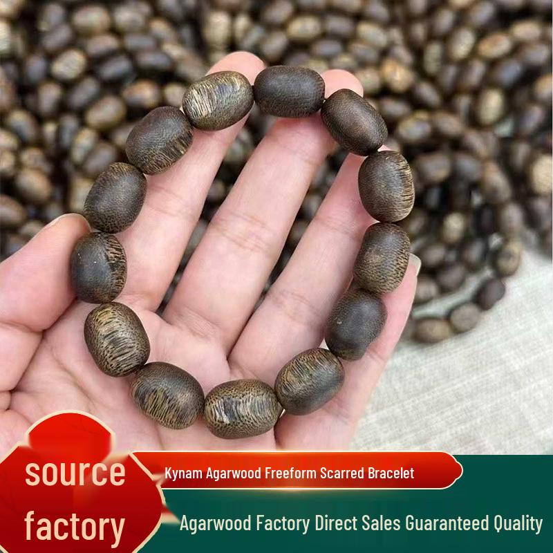 Irregular Scarred Green Qinan Agarwood Bracelet - High Oil Content Quality 7-8g High-Oil Scarred Freeform Single Strand