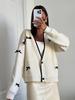 Fall New White Bow Knit Cardigan Women V-Neck Contrast Color Long Sleeve Outerwear