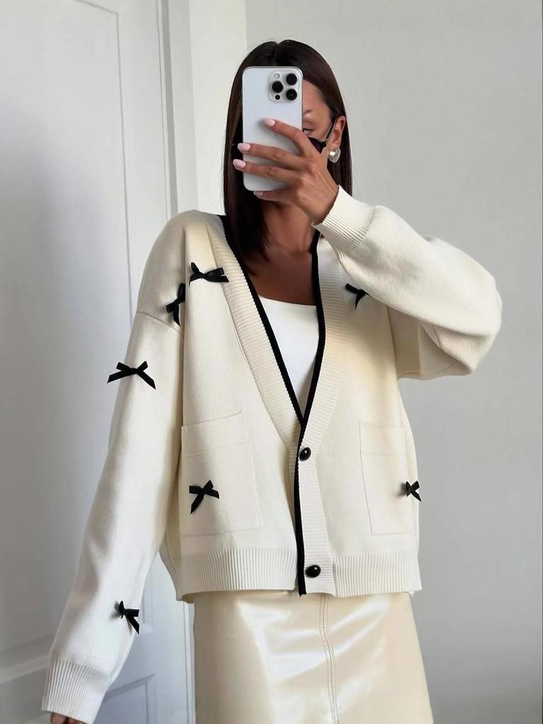 Fall New White Bow Knit Cardigan Women V-Neck Contrast Color Long Sleeve Outerwear