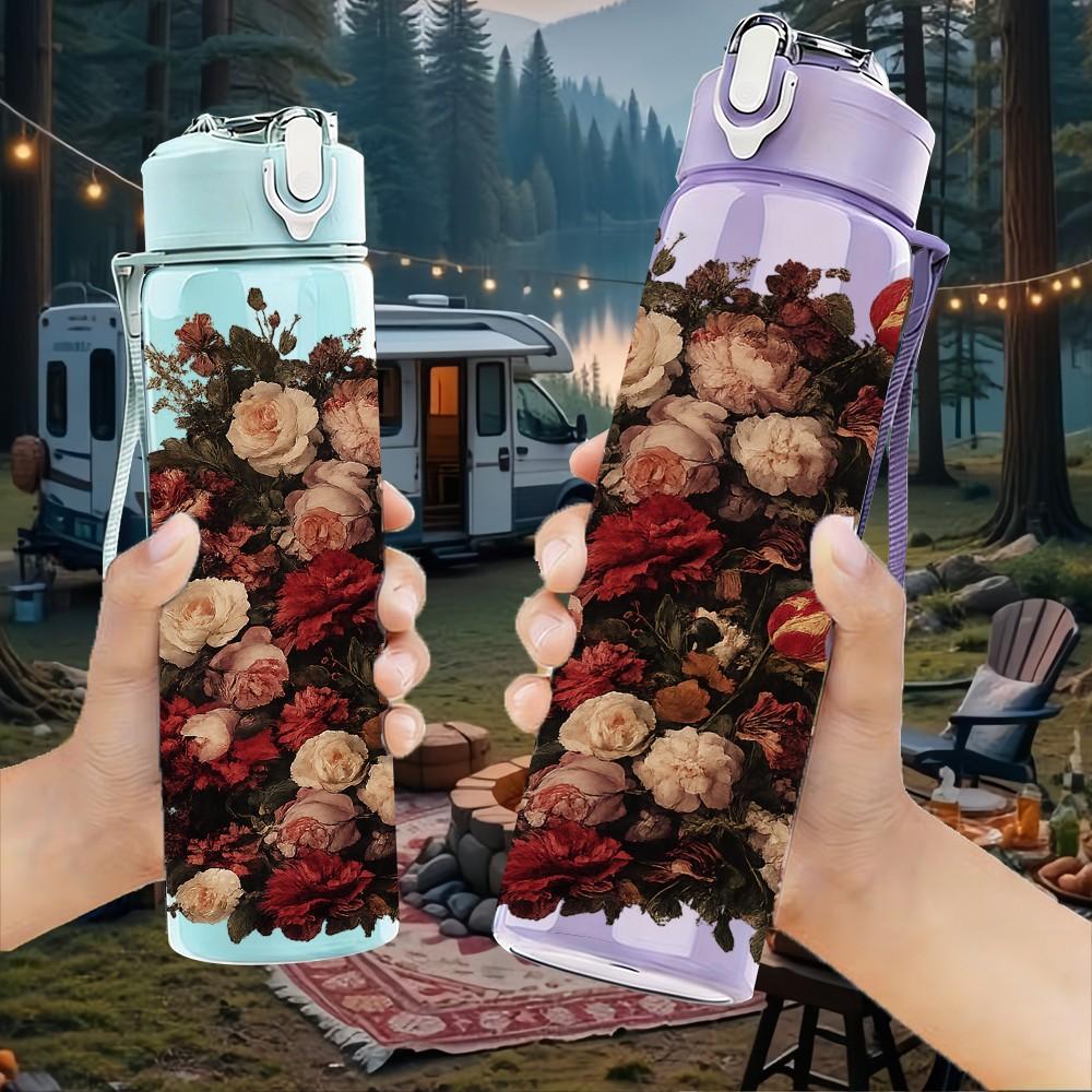 1PC Dried Red Fruit Berry Bouquet Print 750ml Color Plastic Sports Water Bottle Leakproof Flip Straw Lid Suitable for Sports Office Home Use