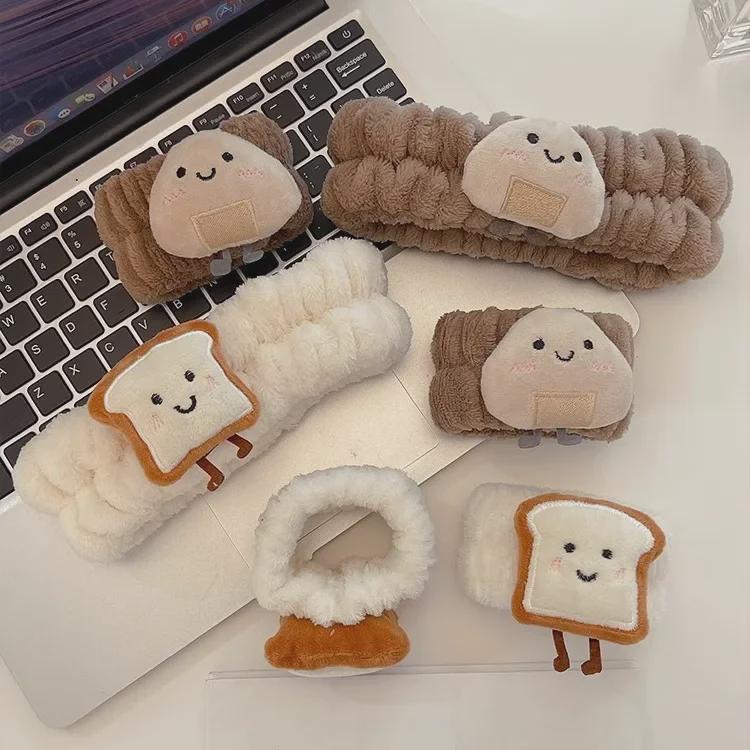 Entzückende Cartoon-Toast- und Reisbällchen-Flanell-Gesichtswascharmbänder: Feuchtigkeitsbeständiges, saugfähiges Haarband-Set für Herbst & Winter (3 Stück)