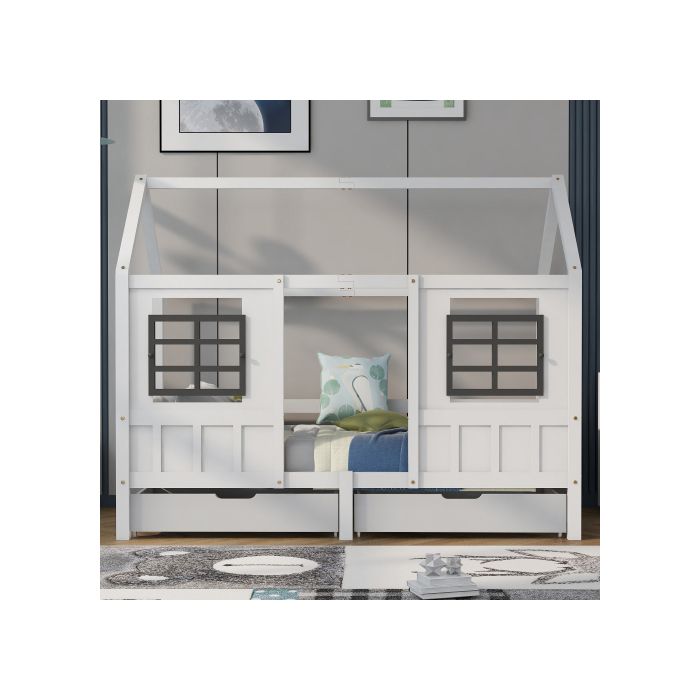 Lit De Maison Avec 2 Tiroirs, Lit Simple, Lit De Jour, Lit D'enfant Avec 2 Fenêtres, Cadre En Pin, MDF, Blanc (200x90cm)