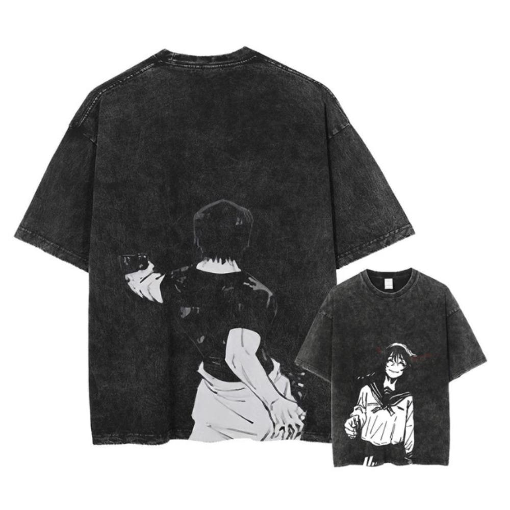 Jujutsu Battle Men's and Women's Summer Washed Outdated Fashion Retro Street Style Anime Printed Cotton T-shirt