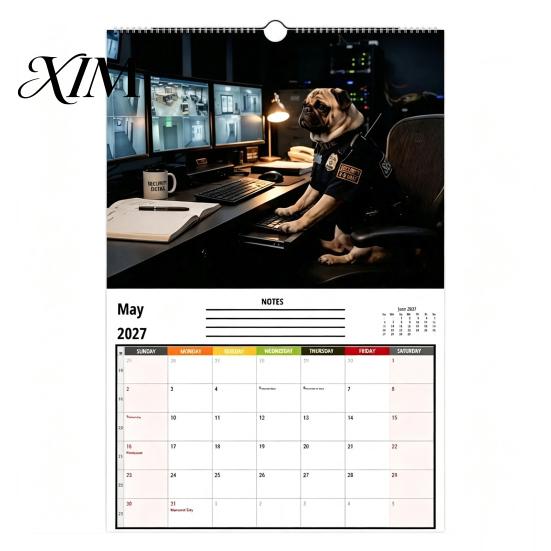 Spiral Bound Calendar 2027 Pugs Working Wall Calendar, Funny Dog Hanging Gift for Lovers 12 Monthly Planner with Unique Illustrations Home Office