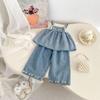 Girls' Embroidered Denim Strappy Top & Wide-Leg Pants Set