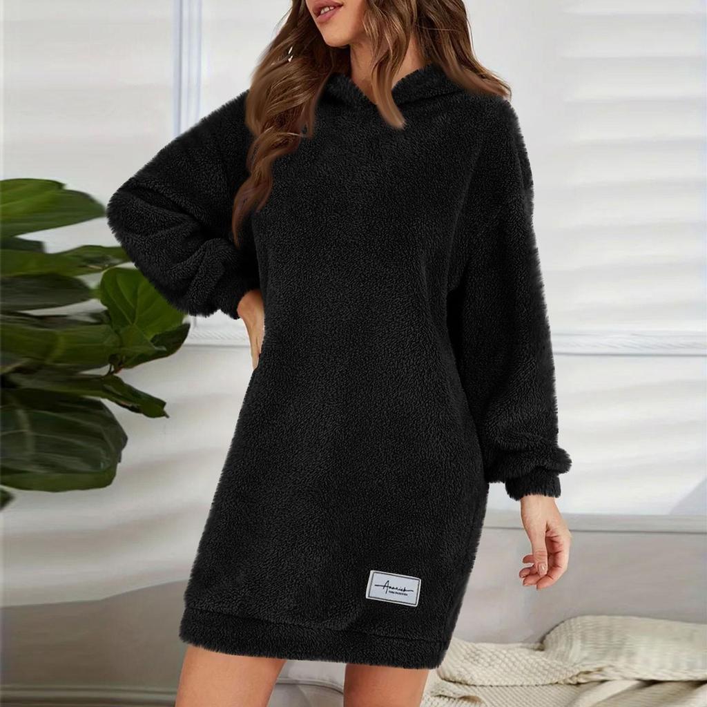 Abito da donna alla moda con cappuccio a maniche lunghe in peluche tinta unita felpa casual