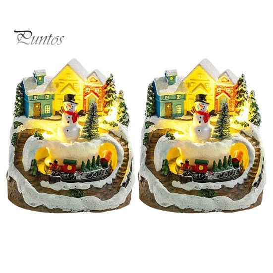 Resin Holiday Home Decor 2Pcs Christmas Train Music Box with Rotating Light, Snow Village Carousel Decorative Ornaments Ornament, Battery/USB Powered