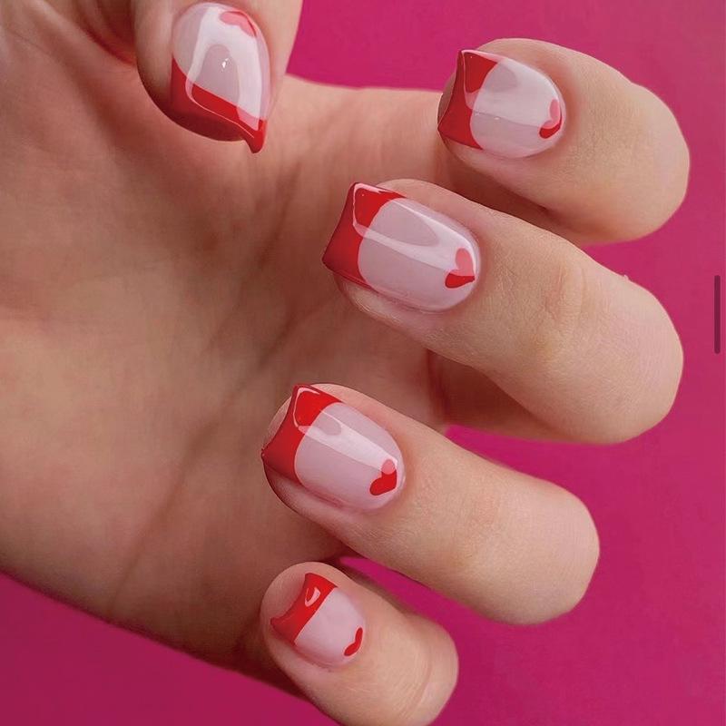 Wear nail short nail art finished French red edge small love nail art finished nail piece Wear fake nail piece