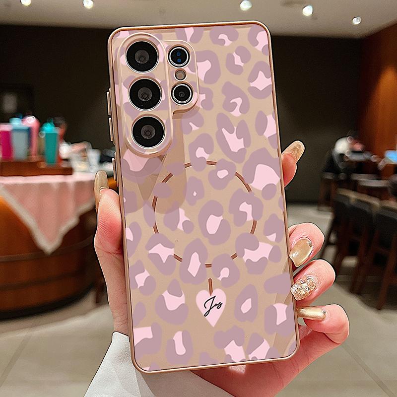 Magnetic For Magsafe Case For Samsung Galaxy S26 Ultra S25 Edge S24 Plus S23 FE S22 A54 A55 A56 5G Pink Leopard Print Matte Cover