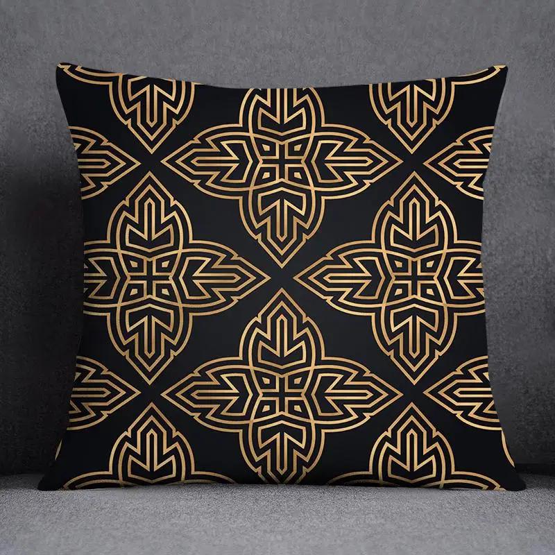 Quadratischer Kissenbezug mit geometrischem Blumenmuster in Schwarz und Gelb, dekorativer Kissenbezug für Zuhause und Büro