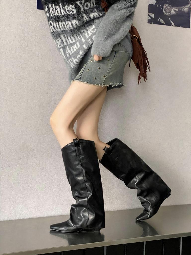 Autumn and winter new pointed wedge heel high flat bottom thin French fashion sexy beautiful women's boots