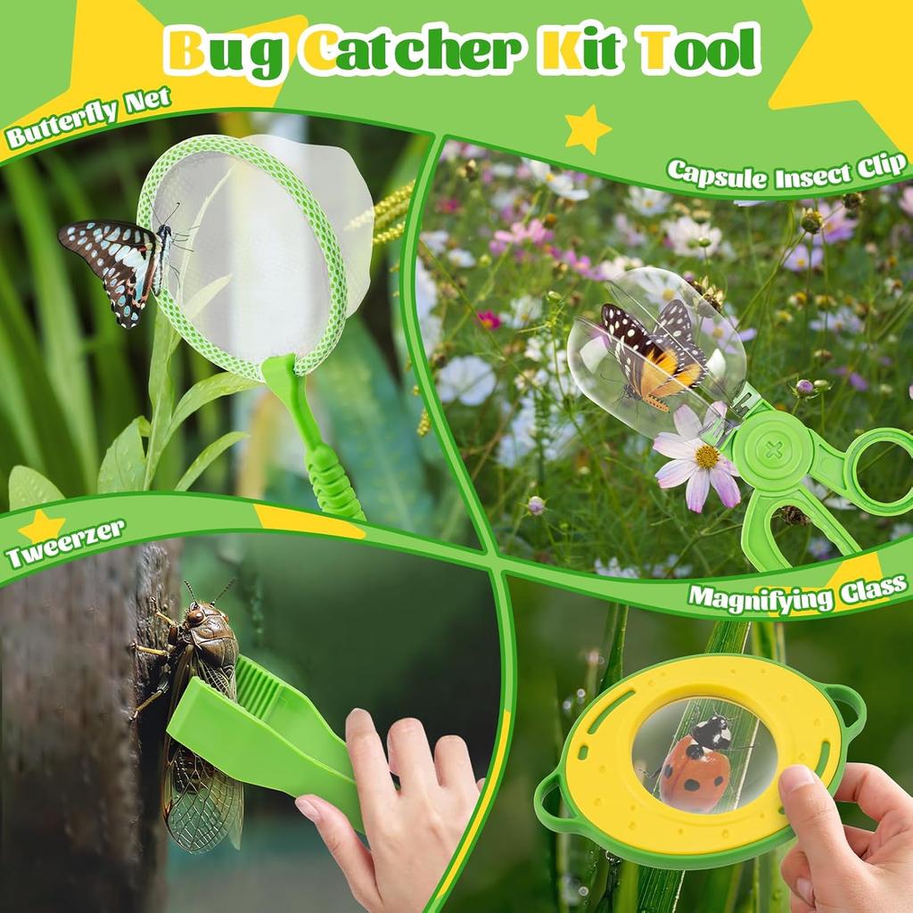 Children's Researcher/Explorer Set (4+): Insect Box, Magnifying Glass, Catcher, 12 Fake Insects, Butterfly Net. Green, Gift for Boys & Girls