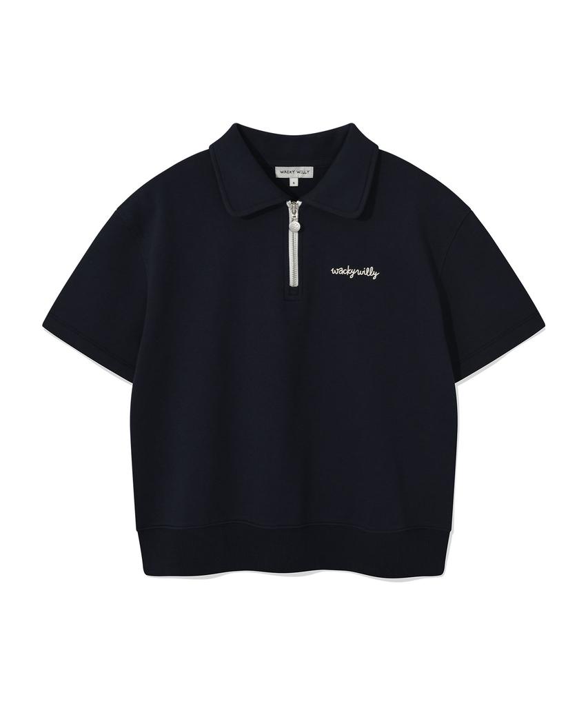 WACKY WILLY Women'S Typo Logo Half-Zip Short Sleeve Dark Navy