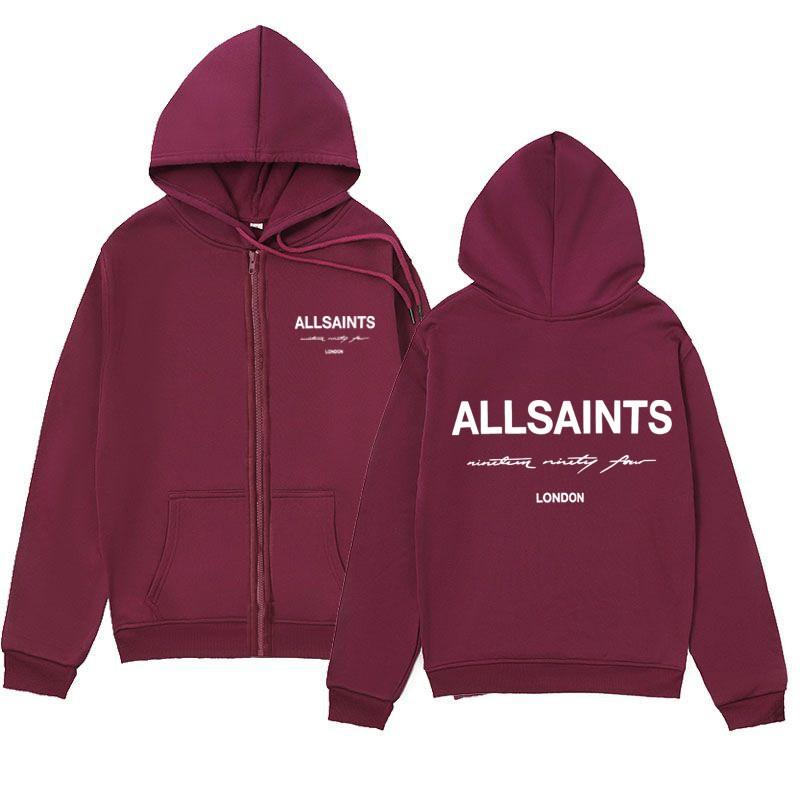ALLSAINTS Letter Print Zip Up Hoodie Loose Drop Shoulder Casual Sweatshirt Men Women