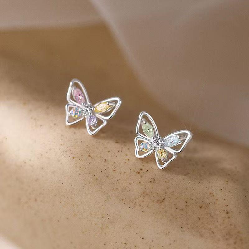 Exquisite Colorful Rhinestone Butterfly Stud Earrings: Light Luxury & Versatile Design for Women