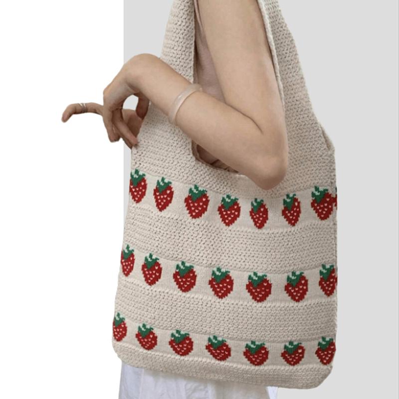 Casual Sweet Strawberry Print Knitted Shoulder Large Capacity Handbag Tote Bag Fashion Shopping Handbags Women Gifts