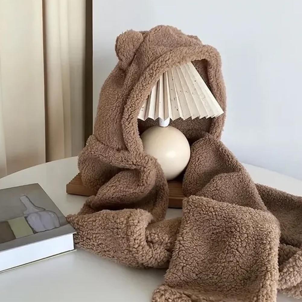 Winter Hat Scarf Gloves Set Bear Ear Protection Warm Windproof Plush Hooded Scarf Mitten Three Piece Set Cute Cartoon Accessory