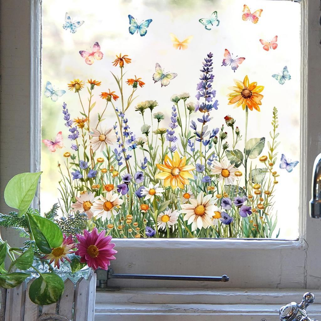 9 Sheets Summer Window Clings Stickers Double-Sided Window Decals Tropical Flamingo Green Plants Coconut Tree Designs Summer Hawaii Colorful Flower