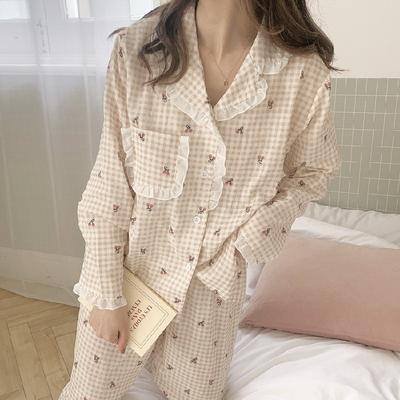 Pijama de Mujer con Botones Lindo Manga Larga Pantalón Dibujos Animados Conjunto de Traje para Casa